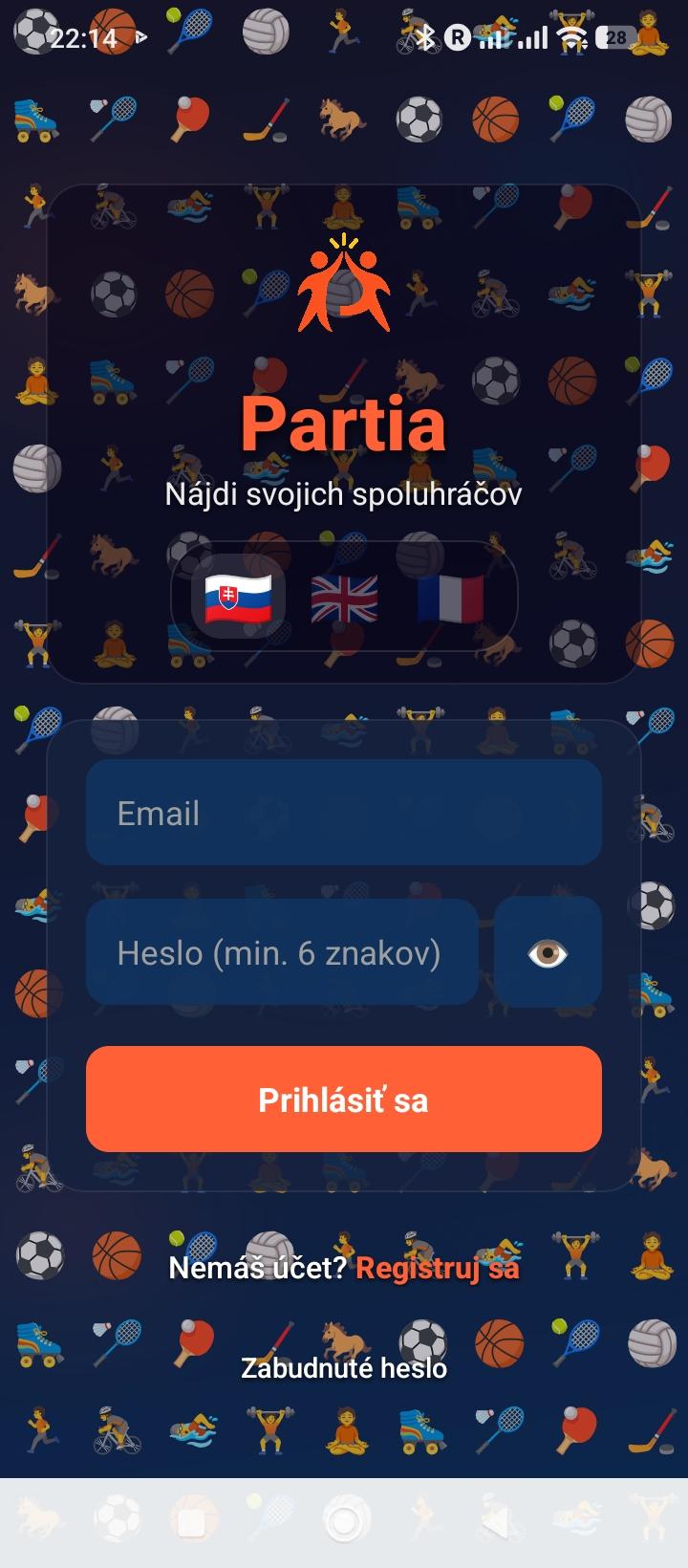 Prihlasovacia obrazovka Partia