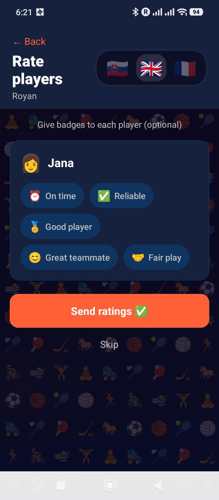 Post-match rating