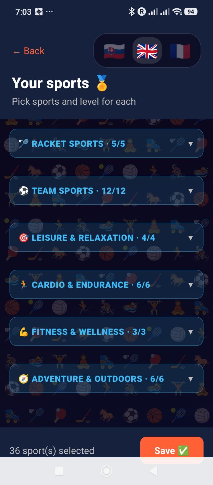 Sport and level selection