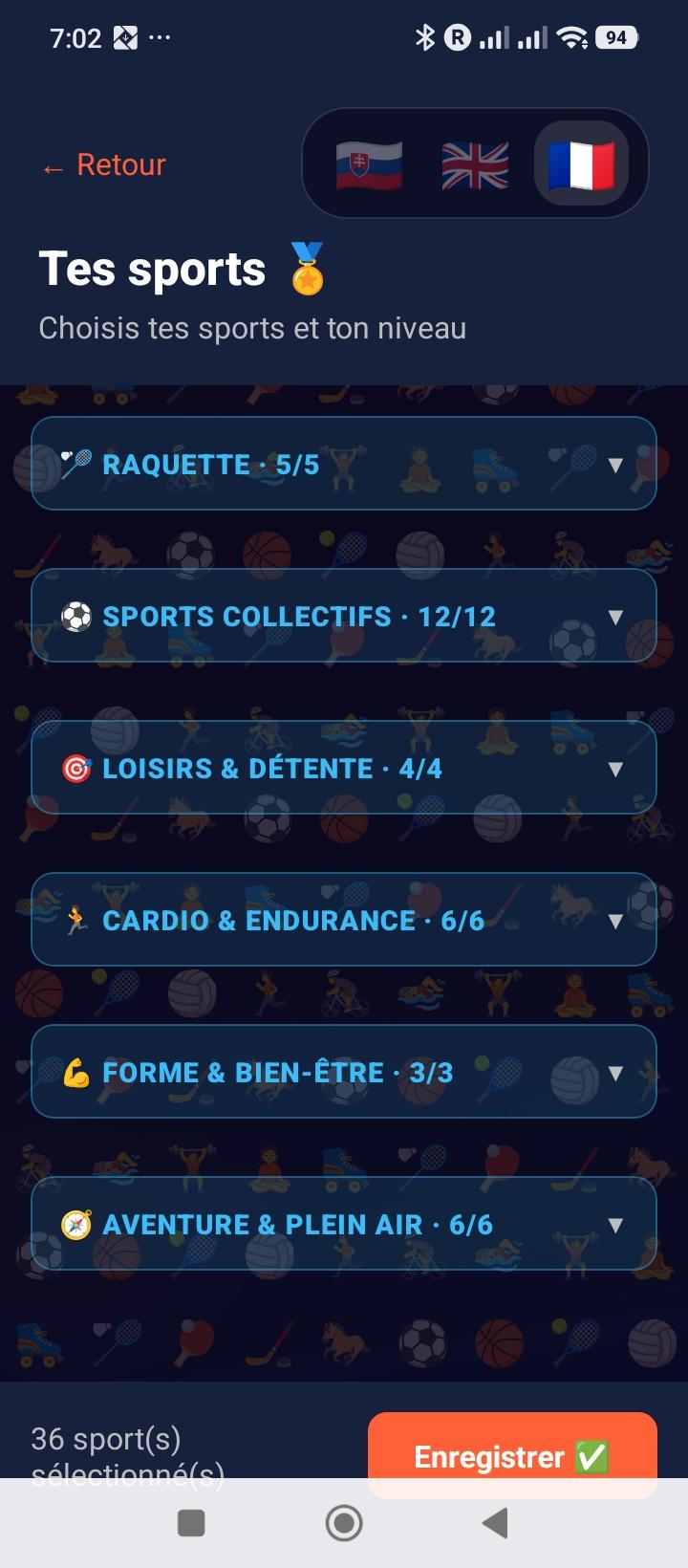 Choix des sports et niveaux
