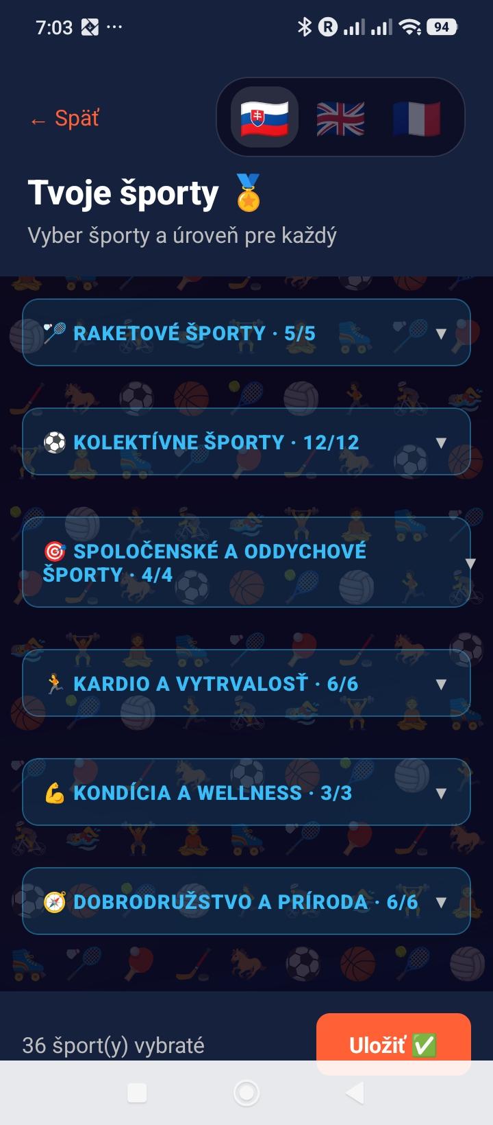 Výber športov a úrovní